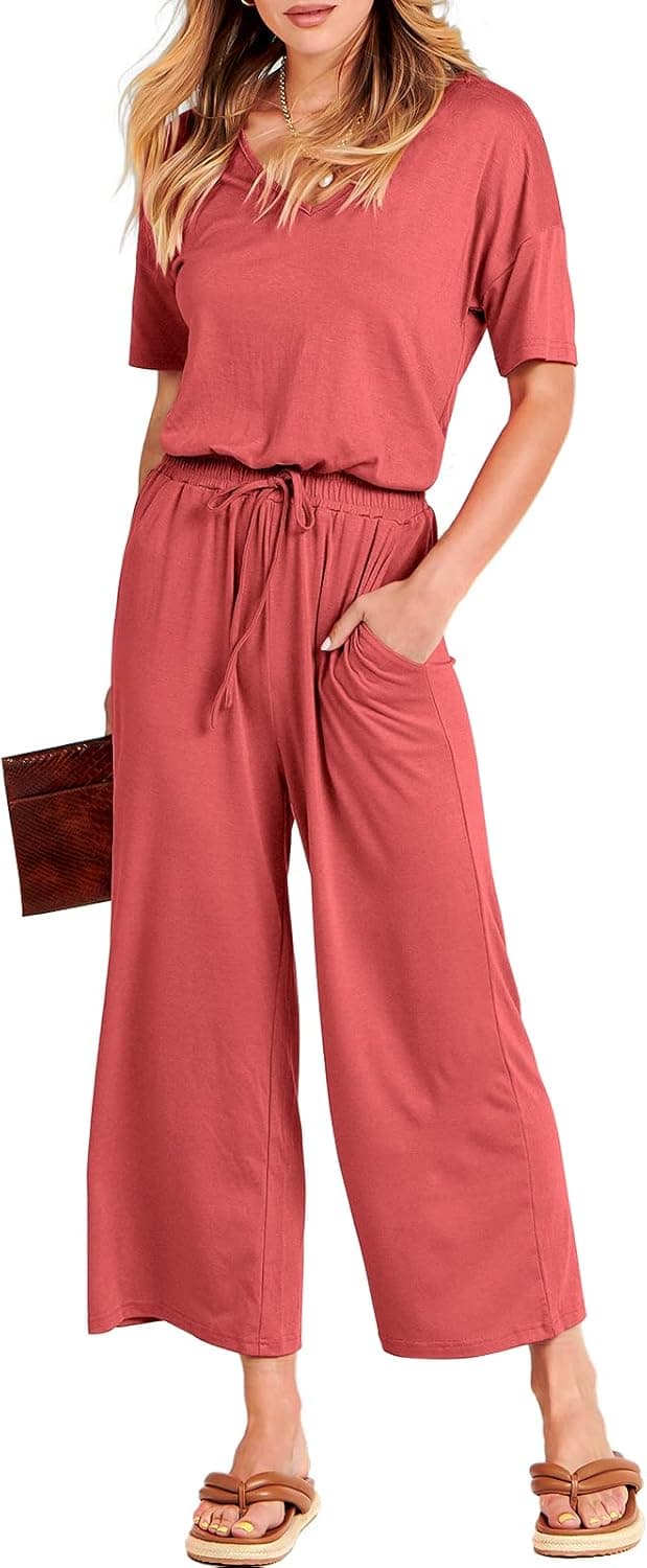 ANRABESS Women Short Sleeve Summer Casual V Neck Elastic Waist Wide Leg Cropped Pant Jumpsuits Rompers with Pockets