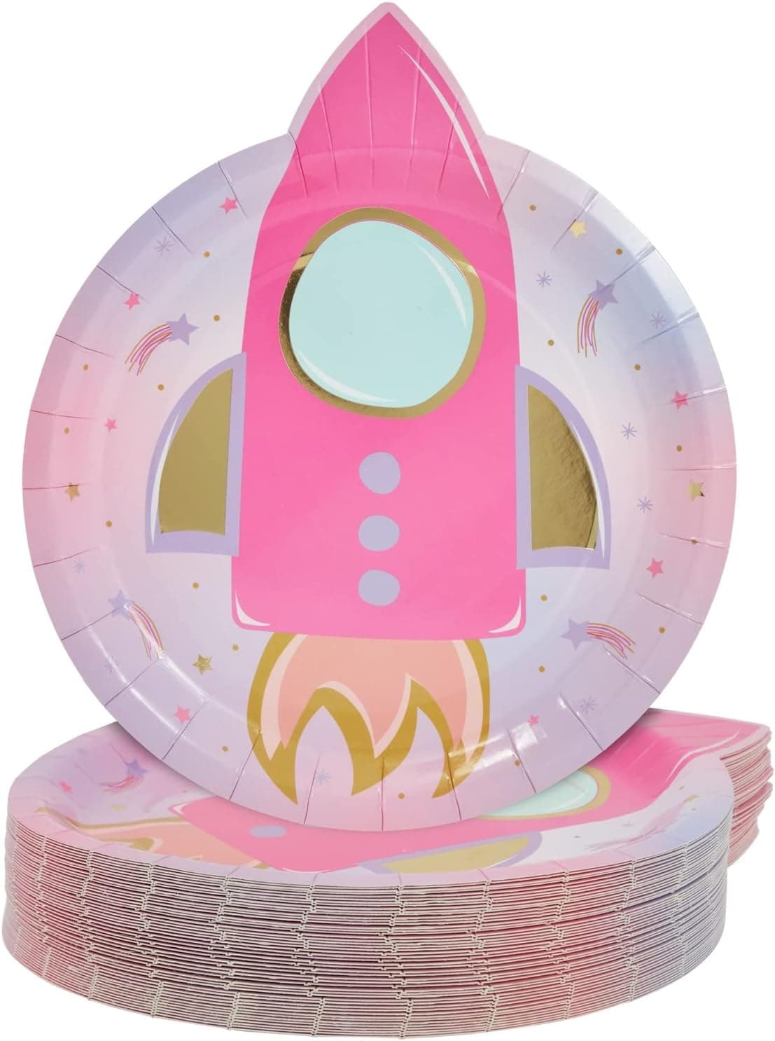 BLUE PANDA 48 Pack Pink Rocket Plates for Girls Outer Space Birthday Party Supplies (9 In)