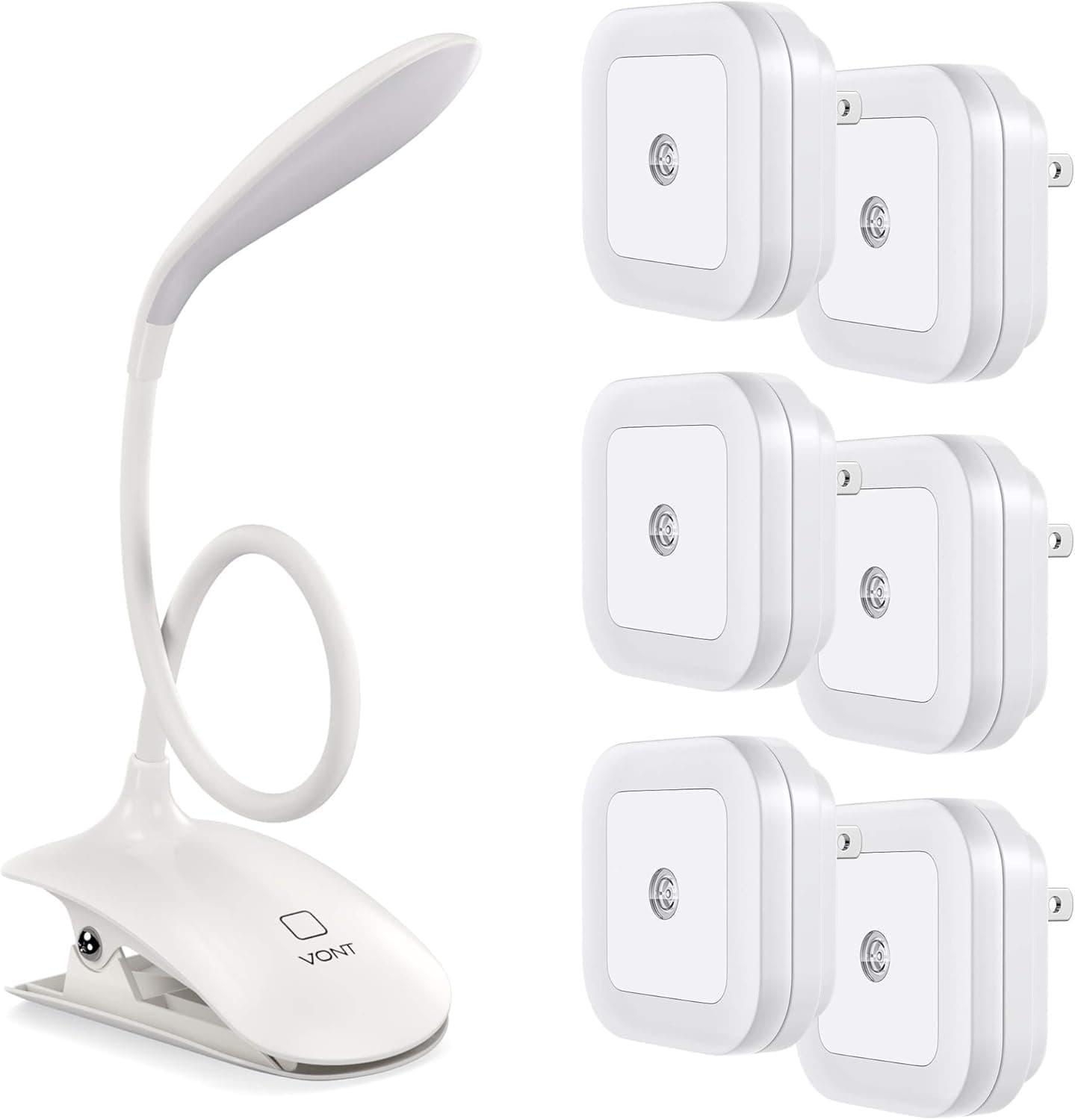 Vont Night Lights 6-Pack + Reading Clip Light Bundle - Must-Have Wall Lighting for Bedroom, Hallway, Stairway - Excellent Clip Light for Reading, DJing, Studying, Playing Piano, Doing Arts and Crafts