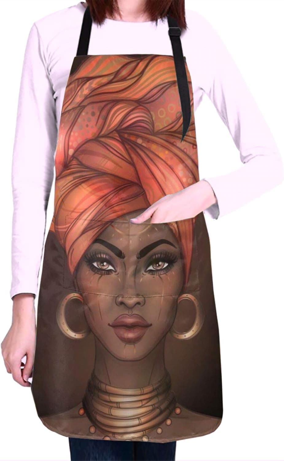 Water-Resistant Apron, African American Women Aprons with Two Pockets, Adjustable Neck Size Fit to Women or Men