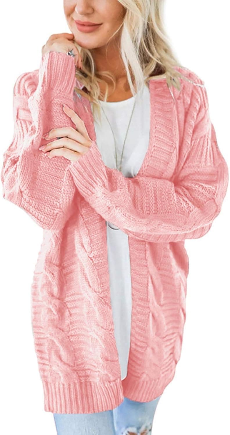 chouyatou Women's Fall Open-Front Drop Shoulder Loose Twist Knitted Duster Cardigan Sweater (Pink, Medium)