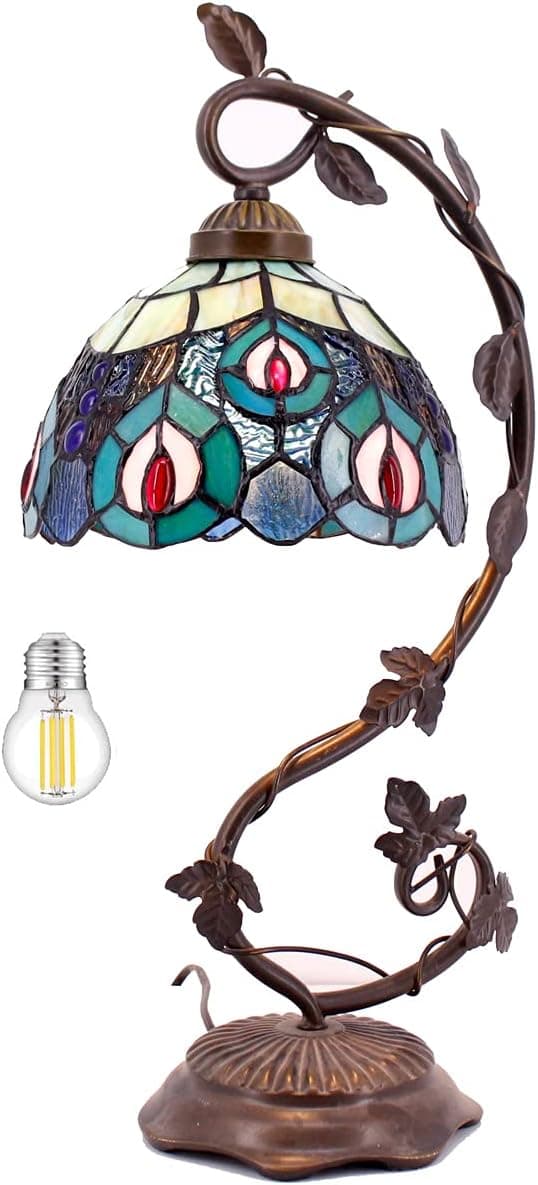 WERFACTORY Bedside Lamp Tiffany Style Stained Glass Table Lamp, 21" Tall Vintage Blue Peacock Desk Light for Small Space of Bedroom Nightstand, Library Banker Hotel, Metal Leaf Base LED Bulb Included