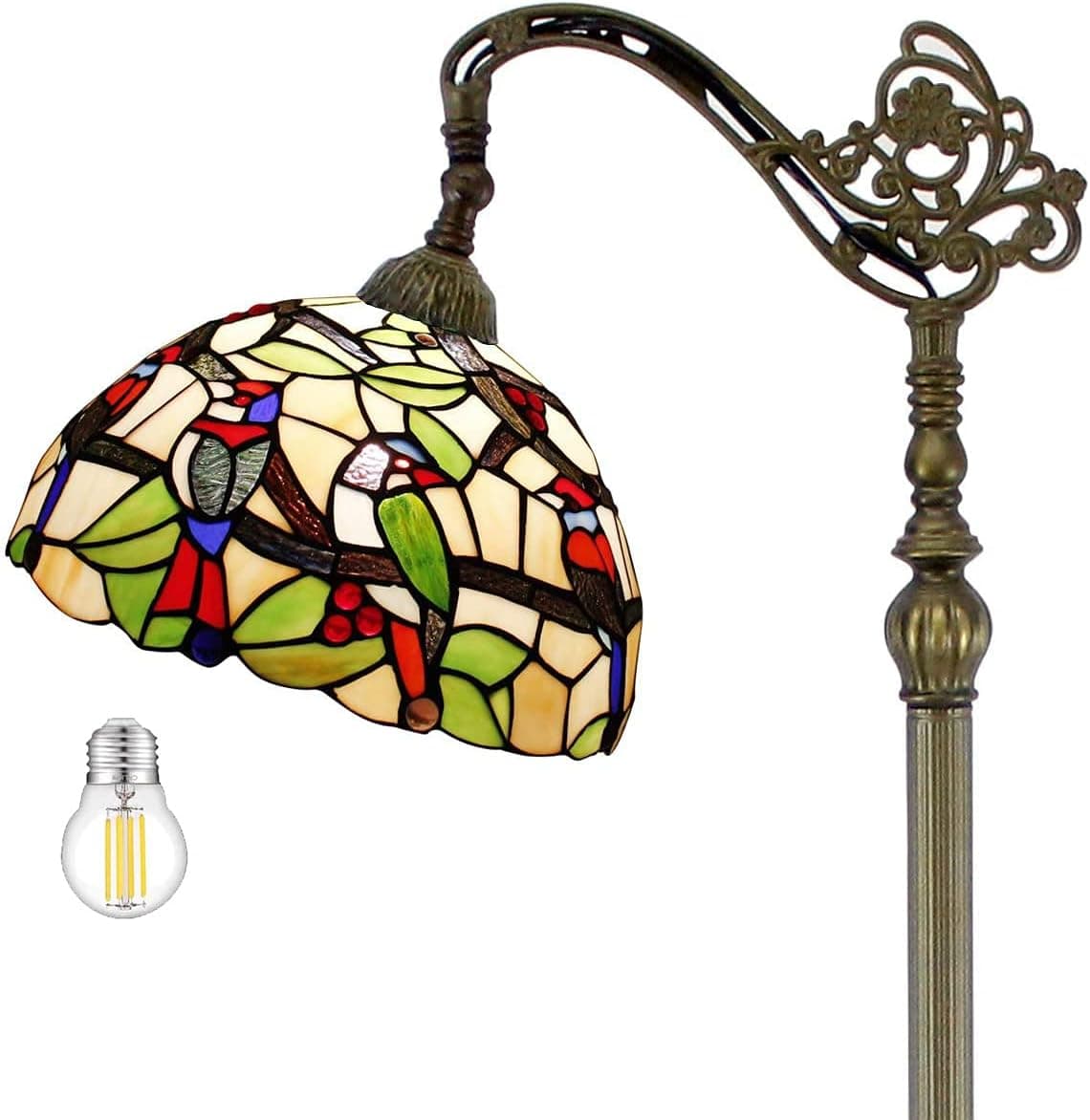 WERFACTORY Tiffany Floor Lamp Amber Double Birds Stained Glass Arched Lamp 12X18X64 Inches Gooseneck Adjustable Corner Standing Reading Light Decor Bedroom Living Room S805 Series