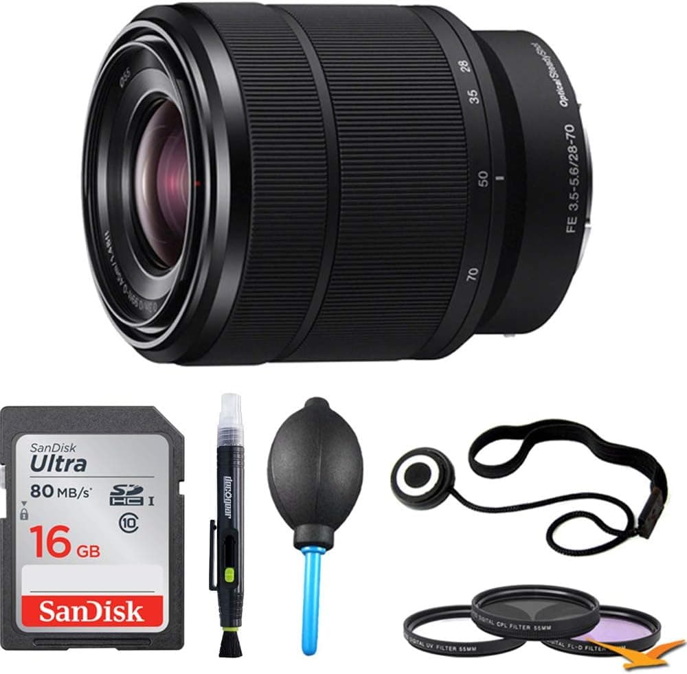 Sony SEL2870 FE 28-70mm F3.5-5.6 OSS Full Frame E-Mount Lens Bundle with 16GB Memory Card, 55mm Lens Filter Kit, Lens Cleaning Pen, Lens Blower and Accessories (5 Items)