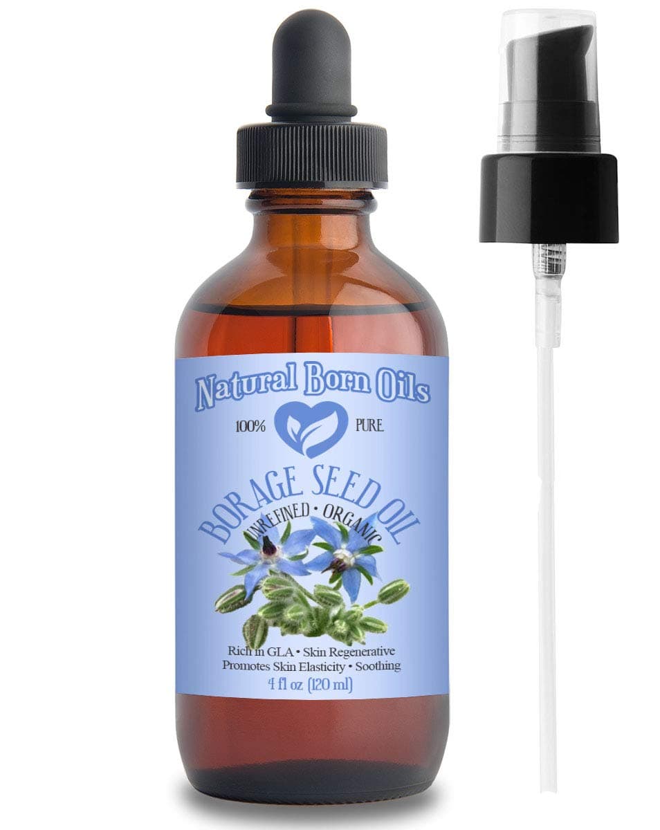 SALE! 4oz Borage Seed Oil, 100% Pure and Natural, Cold-Pressed, Unrefined, For All Skin Types – Rich in GLA - Includes Pump & Dropper