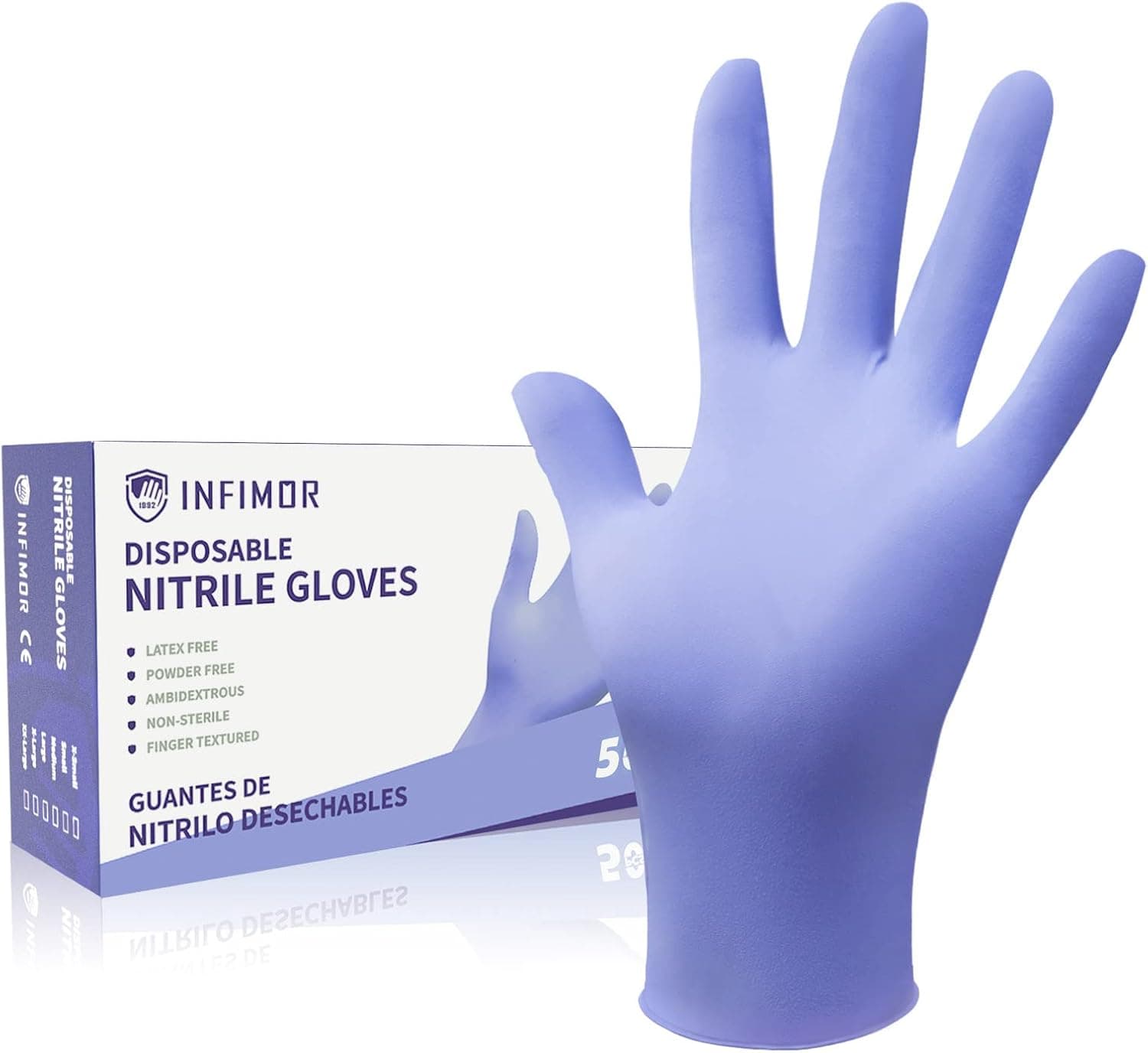 Infimor Gloves Nitrile Disposable Latex Free, 4 mil Powder Free Food Grade, Fingertips Textured Cleaning Supplies 50Pcs S-XL
