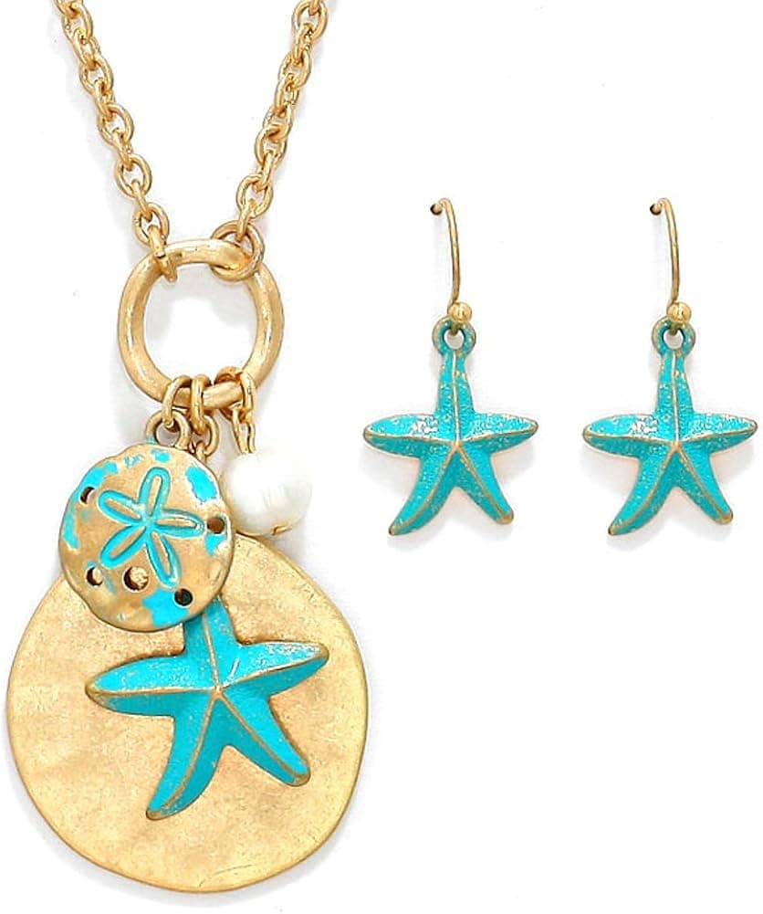 Matte Gold Tone Starfish Necklace and Earrings Set 16-19 Inches