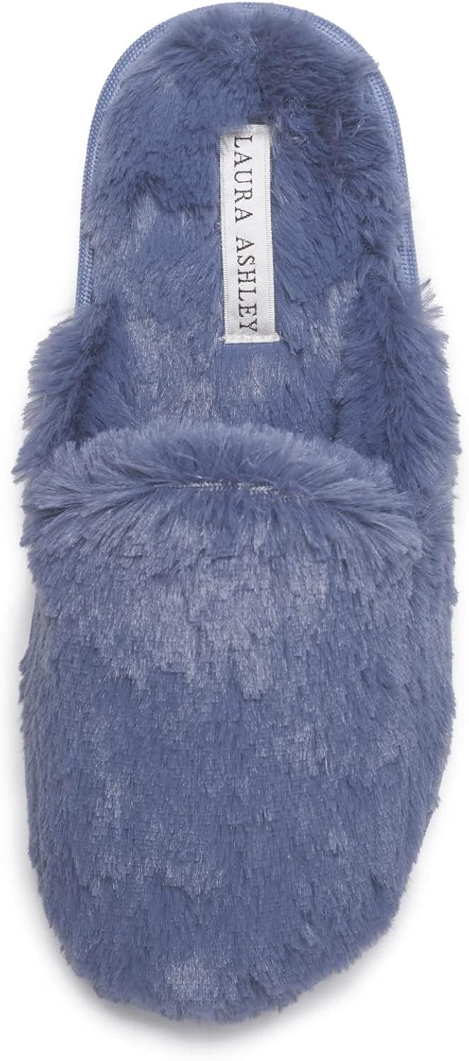 Laura Ashley Womens Plush Faux Rabbit Fur One Band Memory Foam Slide Slippers, Warm Fuzzy Fluffy Open Toe Slides
