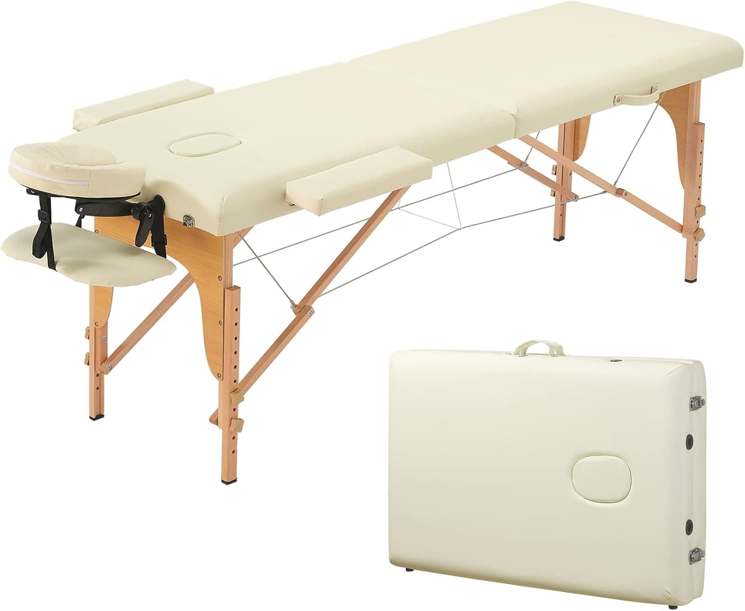 Prilinex Portable Folding Massage Table - 2 Sections Massage Bed Spa Table with Carrying Bag, Face Cradle, Armrest & Hand Pallet - Easy Set Up, Lightweight, Height Adjustable 24" to 33", Cream White