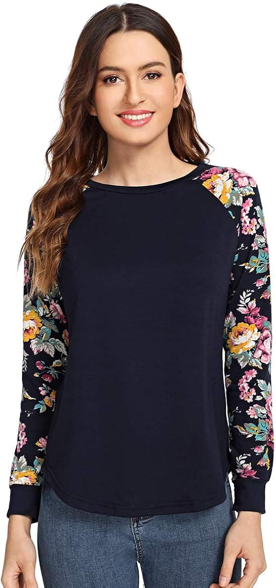 Romwe Women's Long Sleeve Top Casual Floral Print T-Shirt Tee