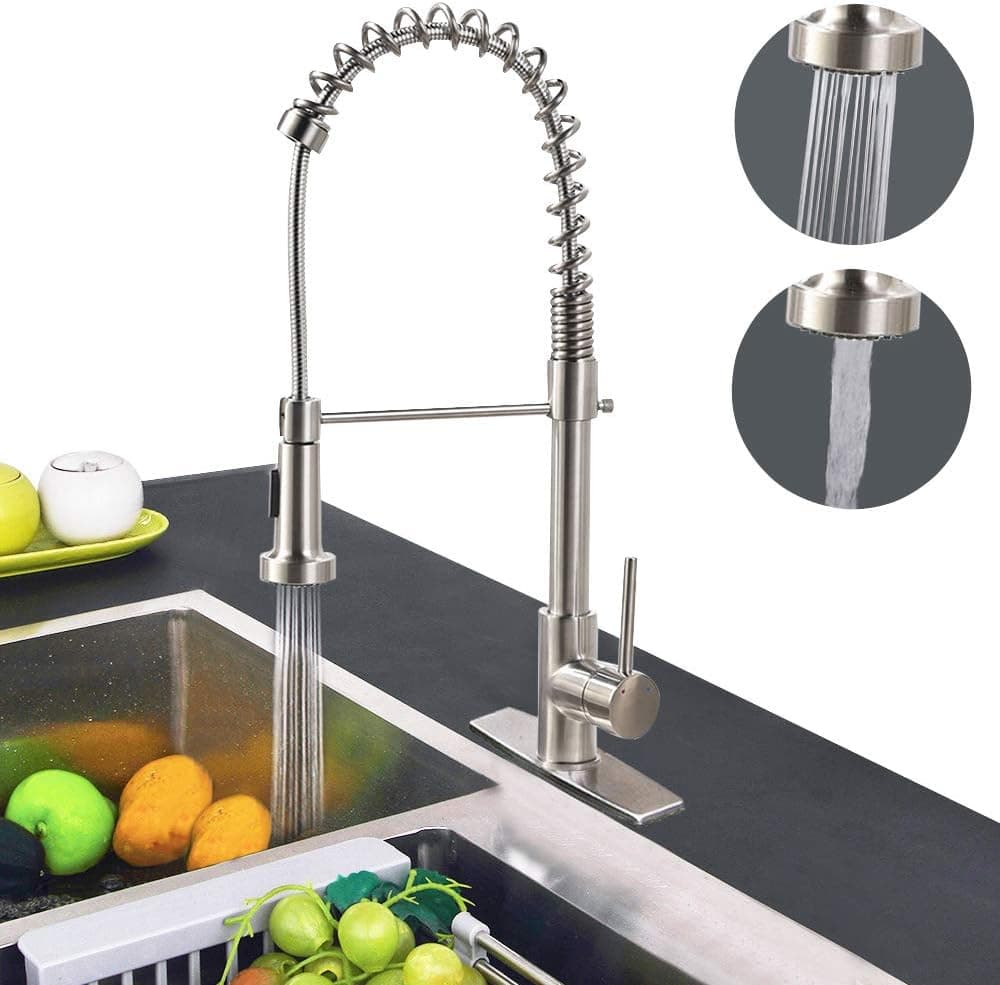 Dual Functions Commercial Kitchen Faucet, HIPPIH Single Handle Lead-free Kitchen Sink Faucet with Dual Functions, Pull down & Pull Out Sprayerhead with 2 Flows, Deck Mounted Included