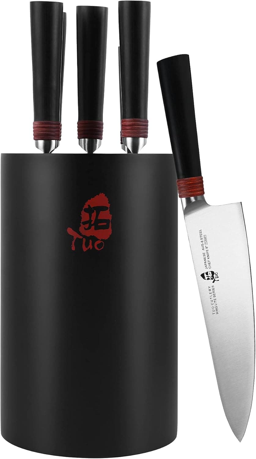 TUO Knife Set - 6pcs Kitchen Knives Set with Wooden Block Professional Chef Knife Set - Japanese Premium AUS 8 Steel & Comfortable Pakkawood Handle - Ring Lite Series with Gift Box