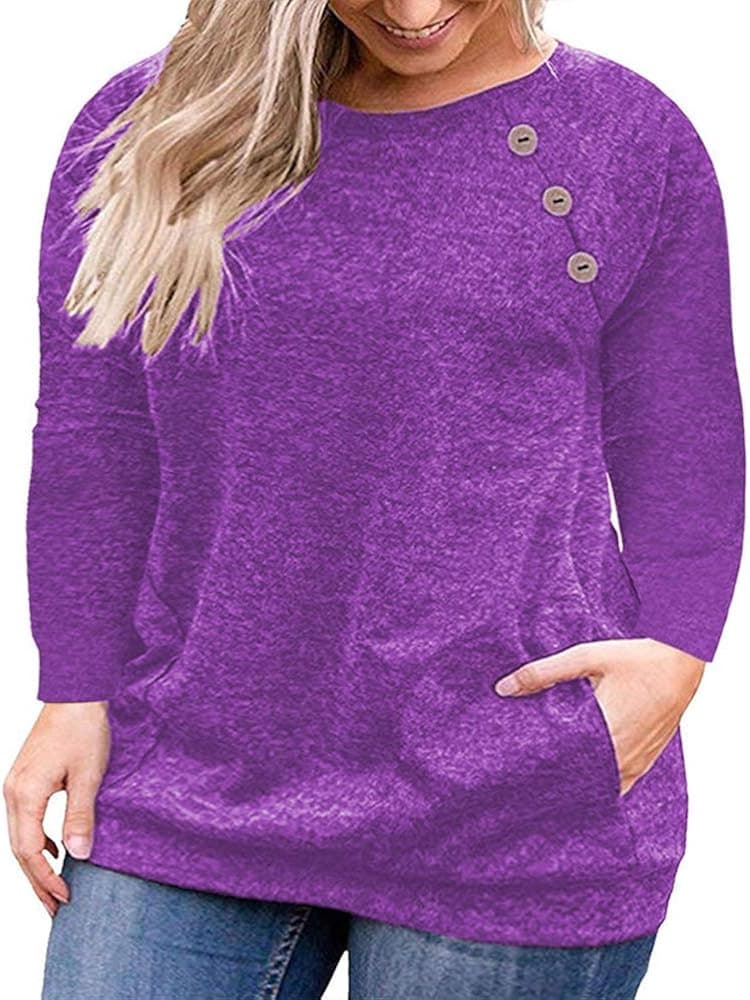 VISLILY Women's Plus Size Tops Long Sleeve Buttons Casual Shirt with Pockets