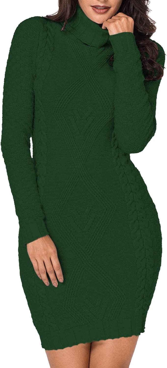 Pink Queen Women's Turtleneck Long Sleeve Cable Knit Pullover Tunic Sweater Dress