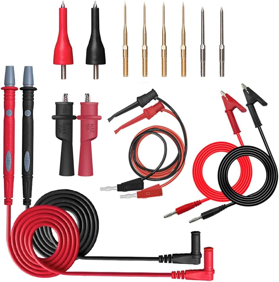 HANDSKIT Multimeter Test Leads Kit, 16 Pieces Testing Lead with Alligator Clips Stackable Banana Plug Test Hook Replaceable Gold-Plated Multimeter Needle Probes and Back Probe Pins