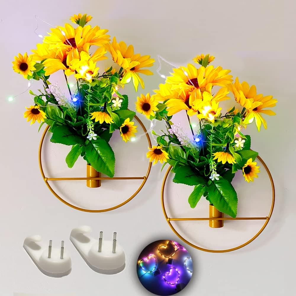 Assaoy Gold Wall Decor,Green Artificial Plants with Gold Metal Round Hanging Hoop for Wall Decor,Wall-Mounted Green Fake Plants Sunflower with LED Light for Home Fall Halloween Christmas Decor