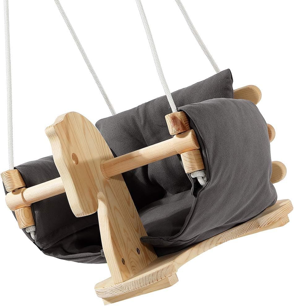 Jozeit Wooden Horse Toddler Swing Set with Grey Cushion Swing Outdoor & Indoor - Eco-Conscious Toddler Bucket Swing Chair