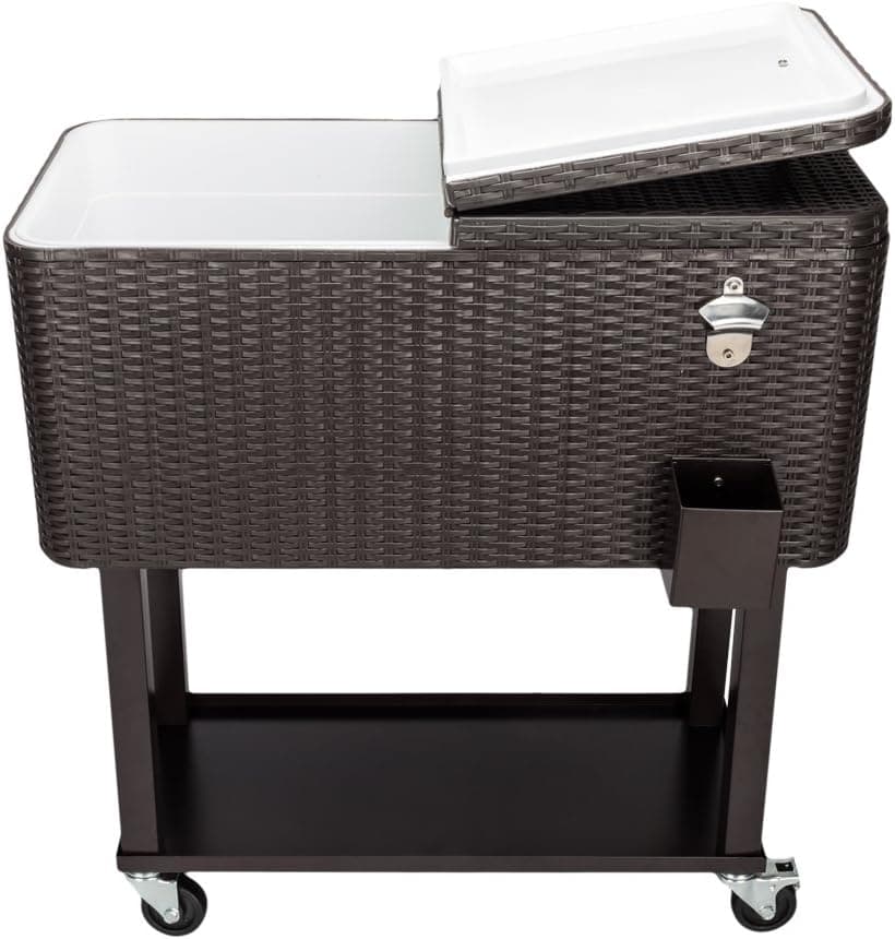 80QT Rolling Cooler Cart, Portable Party Bar Cold Drink Beverage Ice Chest, Mobile Backyard Cooler Trolley on Wheels with Shelf, Stand, Bottle Opener for Outdoor Patio Deck (Rattan)