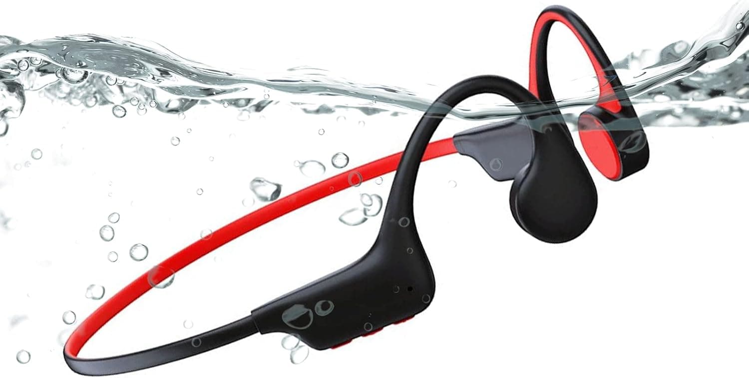 Waterproof Bone Conduction Bluetooth Headphones Ultralight Swimming Headphones IP68 Waterproof Bluetooth 5.3 Open Ear Wireless Sports Headset with MP3 Play 16G Memory for Running Swimming (Black Red)