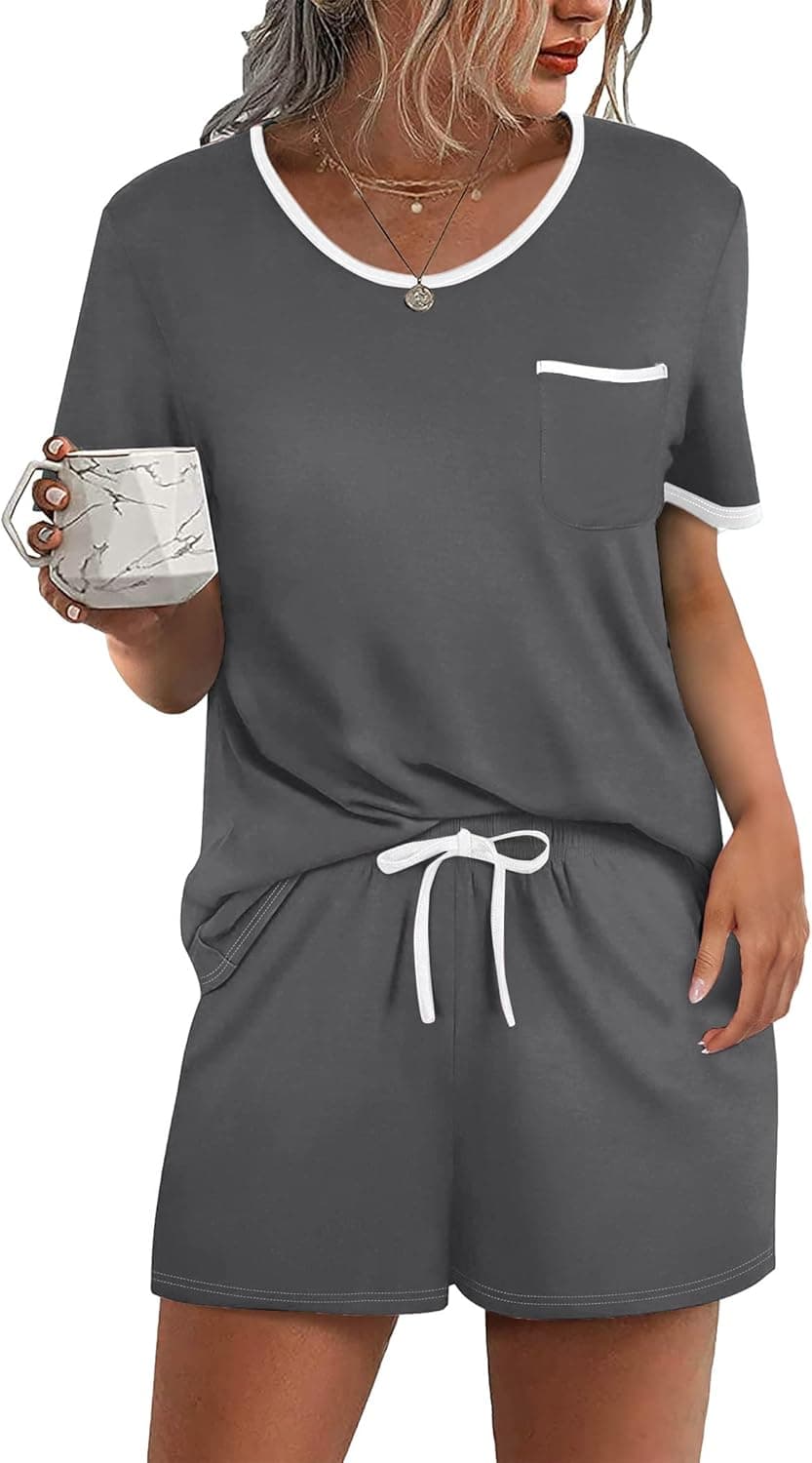 Ekouaer Women's Fit Casual Short-Sleeve Pajama Set,Chest Pocket