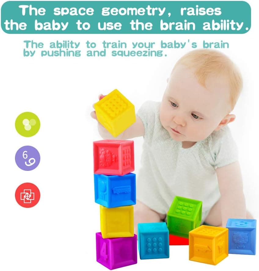 Joso Baby Building Stacking Blocks, Soft Squeeze Block Stack Bath Toys for Baby - BPA Free Toddlers Teething Chewing with Numbers, Shapes, Animals & Textures for Age 6-36 Months