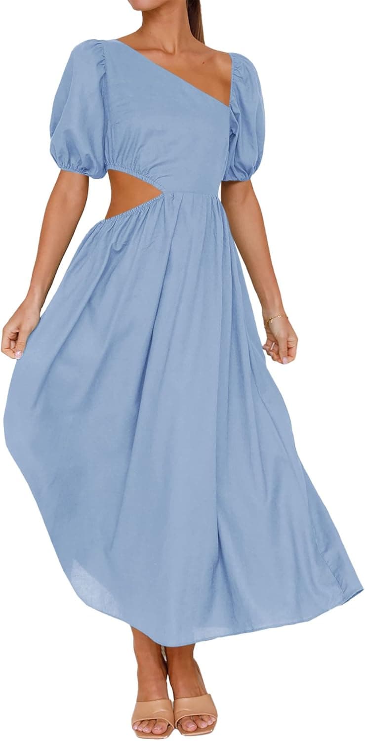 BTFBM Women Casual Short Sleeve Spring Summer Dresses Asymmetrical Neck High Waist Cutout Swing Beach Party Long Maxi Dress