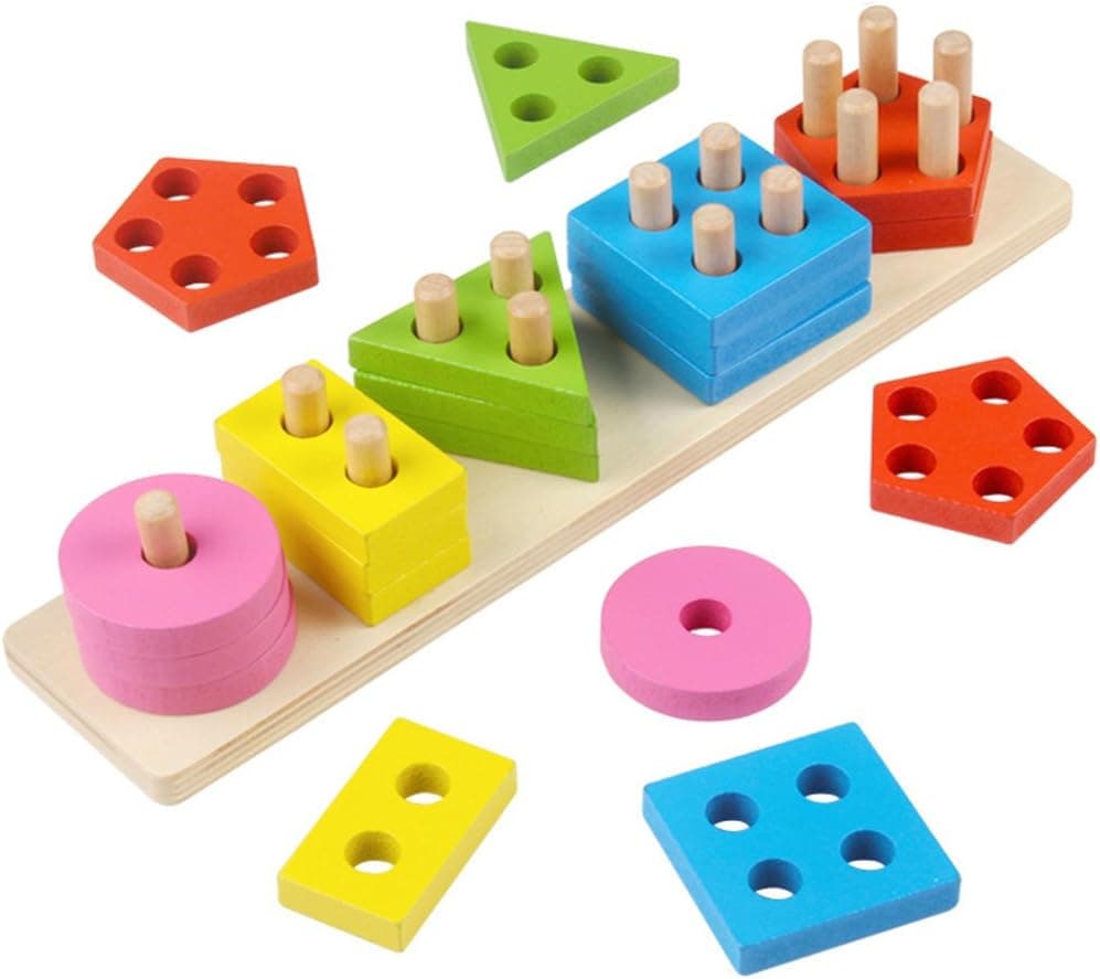 Toyssa Wooden Educational Early Teaching Shape Sorter Toys for 3 Year Old Boys Girls Shape Color Recognition Geometric Blocks Stacking Chunky Puzzle