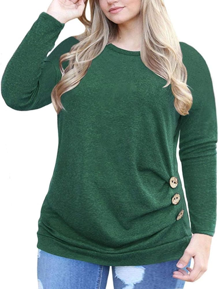 VISLILY Women's Plus Size Buttons Decor Tunic Tops Causal Long Sleeve Blouse Shirts