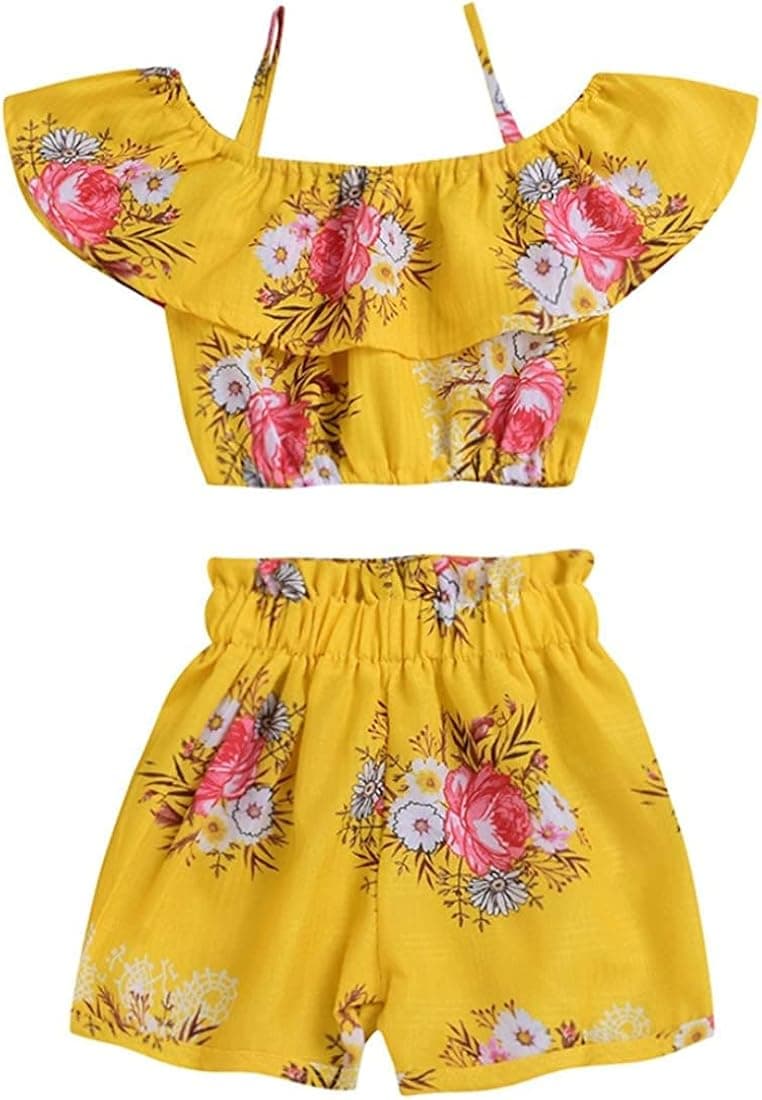 Toddler Baby Girl Floral Halter Ruffled Outfits Set Yellow Strap Crop Tops+ Shorts Pants Summer Clothes Set