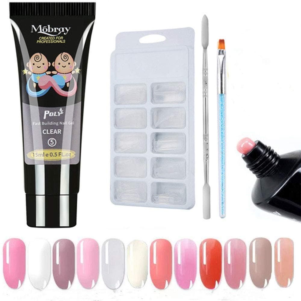 Poly Gel Nail Kit, 1pcs 15ML Building Gel & 100pcs Nail Tips & a Brush, a Double-end Pusher, a Transparent Clip Nail Extension Manicure Set for Beginner or Technician (Clear)