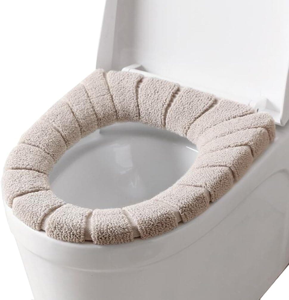 1pcs Bathroom Soft Thicker Universal Warmer Stretchable Washable Cloth Toilet Seat Cover Pads (Beige)