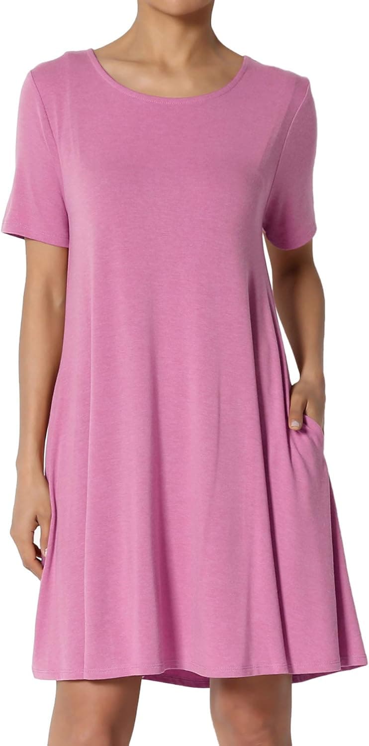 TheMogan S~3X Basic Round Neck Short Sleeve Pocket Swing Flared Tunic Long Top