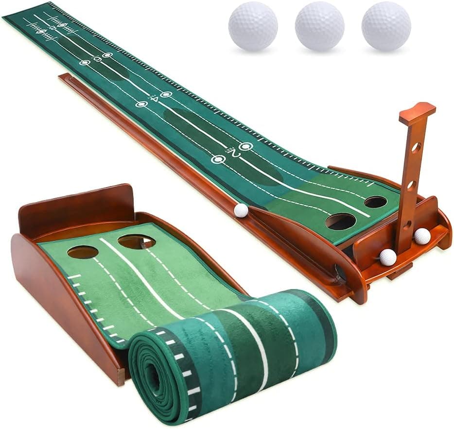 ICROATO Golf Putting Mat Wooden, Professional Golf Putting Mat with Ball Return System and Ball Holder, Wooden Base Golf Putting Practice Mat Assistant for Home Office Backyard Indoor Outdoor Use