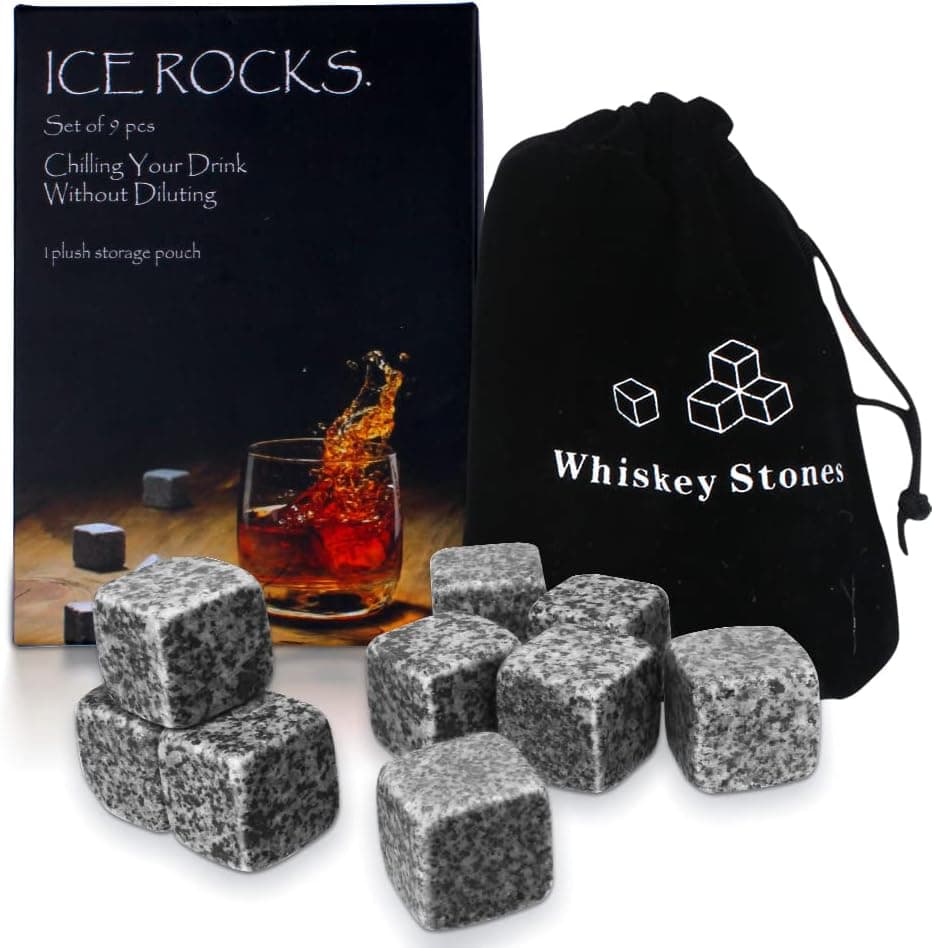 Whiskey Stones Gift Set with 9 Pcs Rocks Chilling Stones, Marble Reusable Ice Cubes, Made of 100% Pure Marble Stone, Gift for Whiskey Lovers