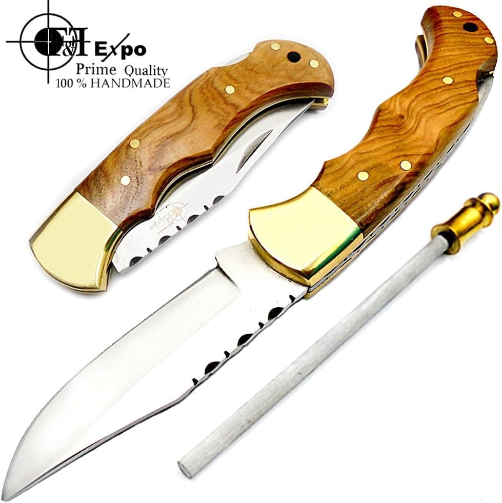 F&f Expo Olive Wood 6.5'' Handmade Stainless Steel Folding Pocket Knife Brass Bloster with Back Lock 100%
