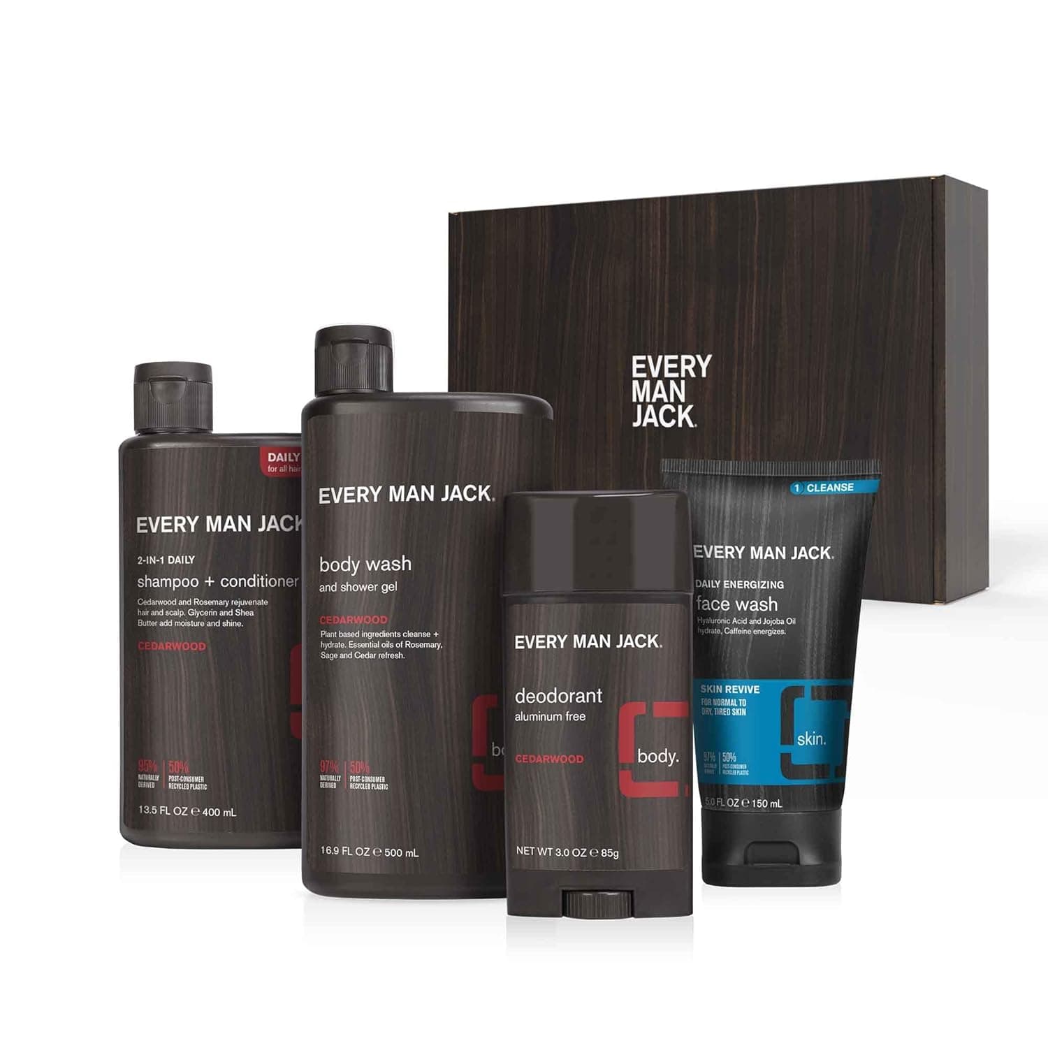 Every Man Jack Men’s Cedarwood Body Set - Bath and Body Gift Set with Clean Ingredients & A Woodsy Cedarwood Scent - Round Out His Routine with Men’s Body Wash, 2-in-1 Shampoo, Deodorant & Face Wash