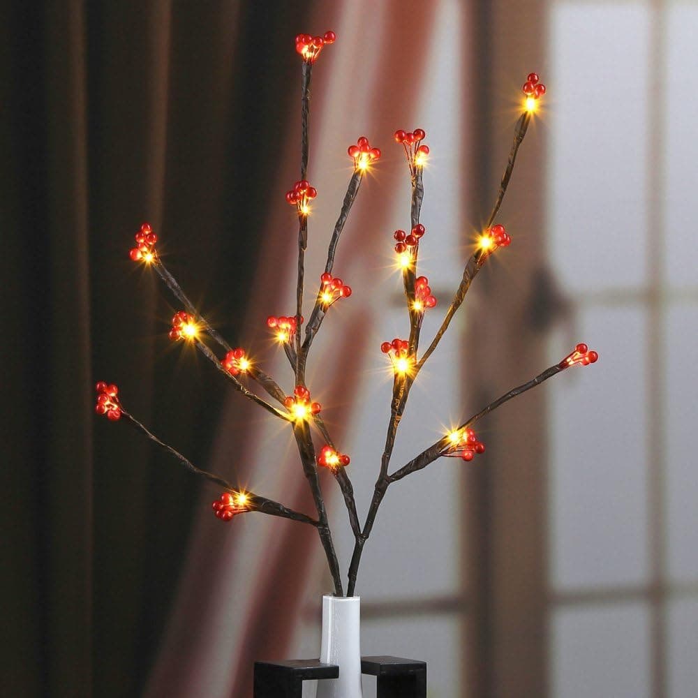 LIGHTSHARE 20 LED Decorated Red Berry Branch,Warm White,24 Inch