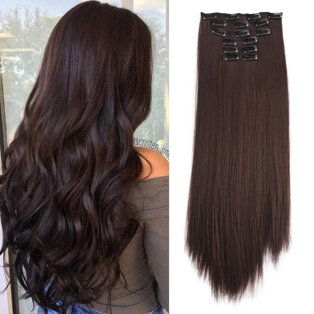 FDBJulyy Straight Hair Extensions Clip in Hair 140g/6Pcs Full Head Clip in Hair Pieces for Women for Girls Synthetic Hair Dark Brown(#4)