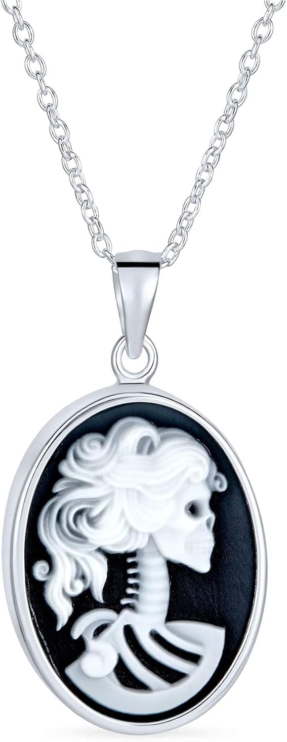 Antique Hip Cool Black White Bezel Oval Female Lolita Skelton Cameo Pendant Necklace For Teen Women Biker Jewelry Punk Rock .925 Sterling Silver