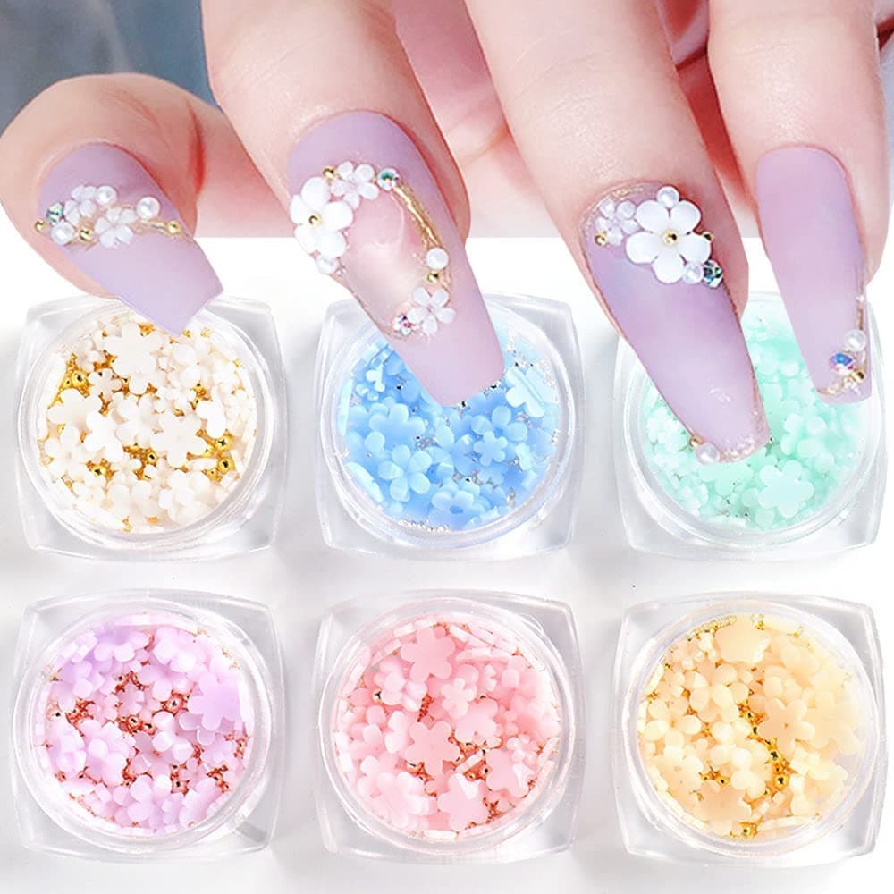Holographic Flower Nail Art Charms Light Change 3D Acrylic Flower Nail Charms Floret Five Petaled Flowers Resin Small Steel Beads Nail Art Accessories Nail Designs for DIY Nail Decorations, 6Grids