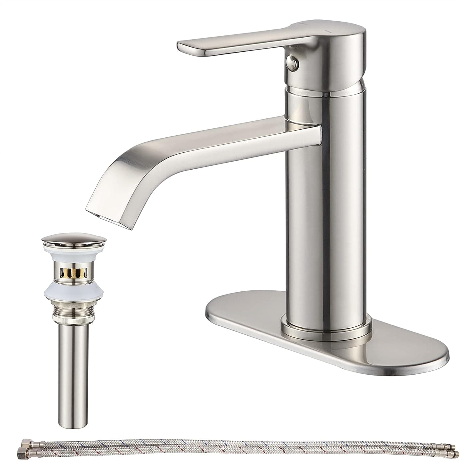 GENBONS Bathroom Faucet Brushed Nickel Waterfall Faucet for Bathroom Sink 1 Hole Single Handle Modern Lavatory Faucet Basin Tap with Pop Up Drain