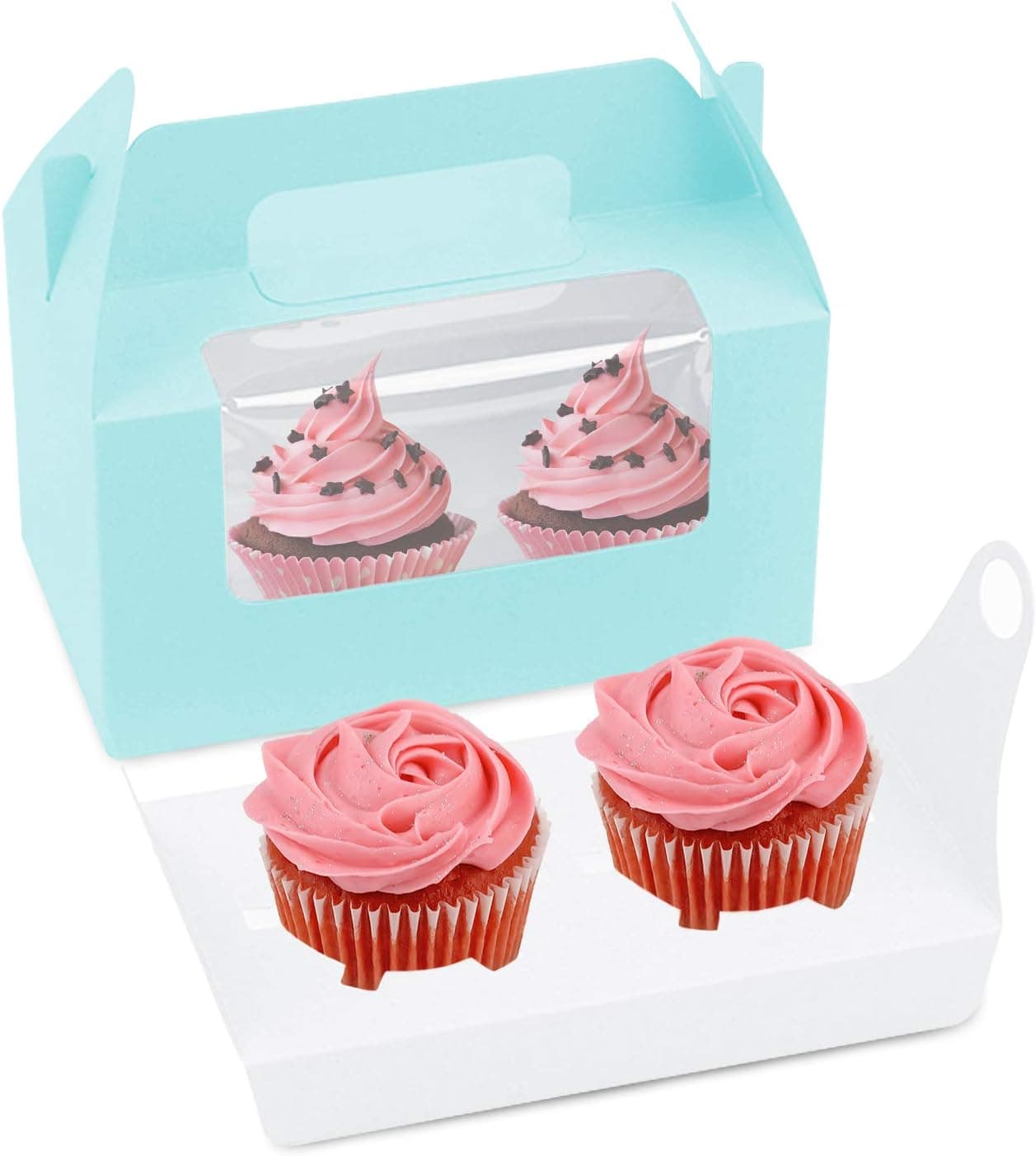 Double Cupcake Containers CupCake Boxes,20 Pieces Clear Window Inserts Handle Cupcake Muffins Cupcake Carriers Pastry Containers for Wedding Birthday Parties (Blue)