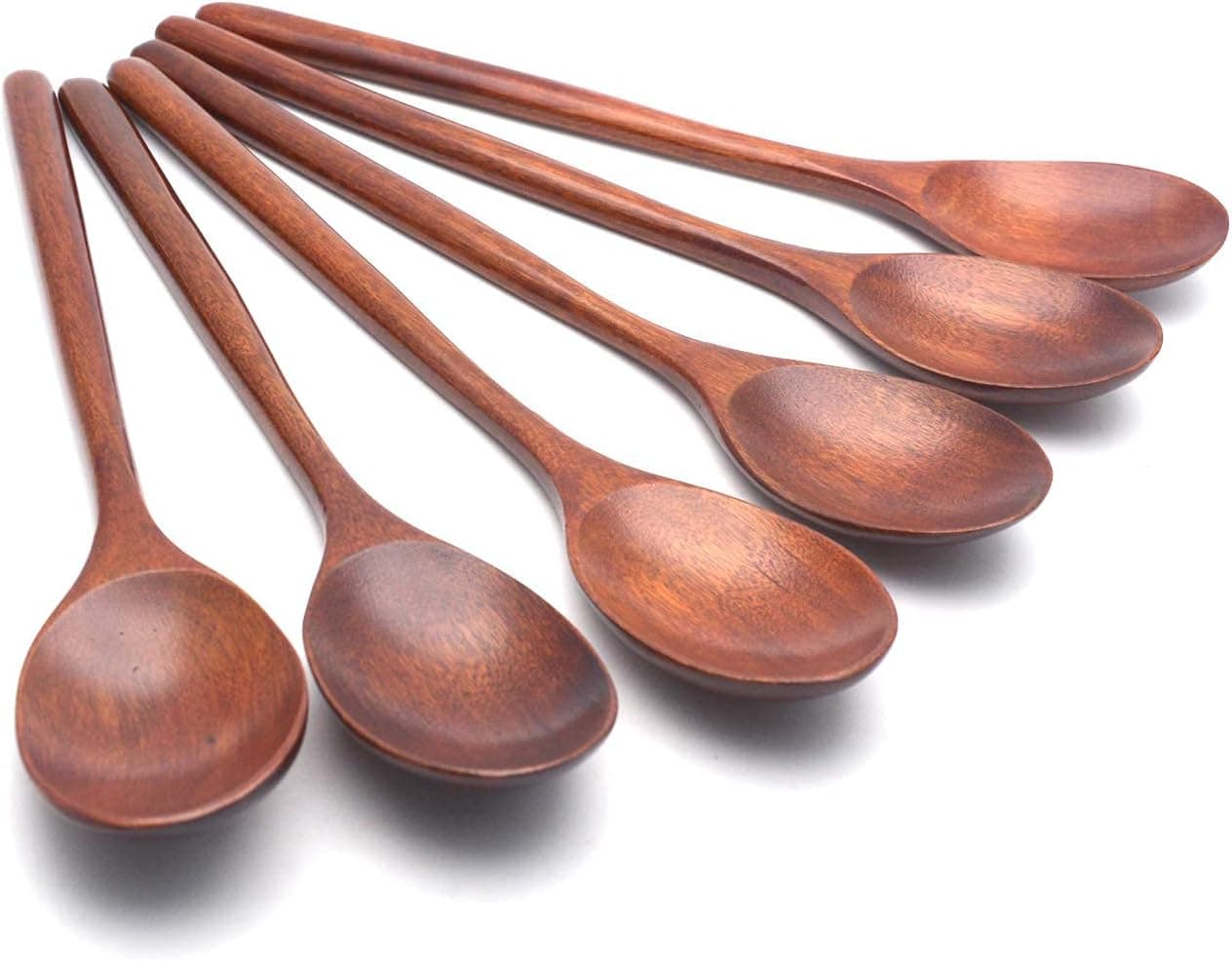 Antrader 6 Pack 9-inch Handmade Japanese Style Wooden Dinnerware Soup Spoons Natural Wood Rice Serving Tableware Flatware Set with Long Handle