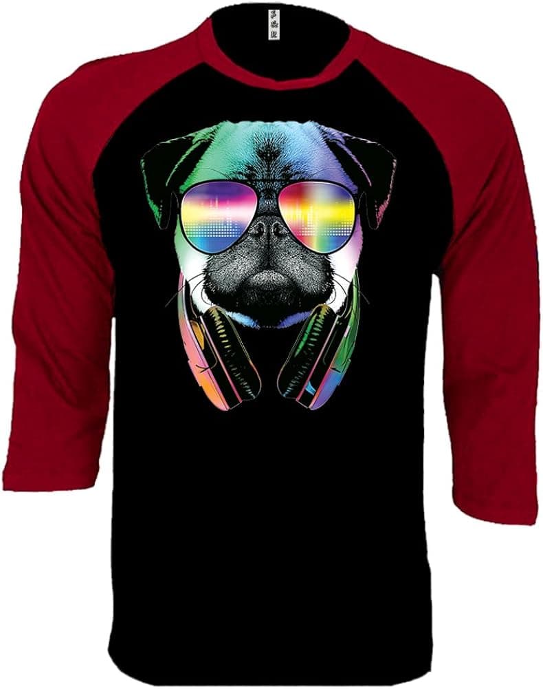 DJ Pug with Sun Glasses and Headphones Music Baseball Tee 3/4 Sleeve Raglan Jersey