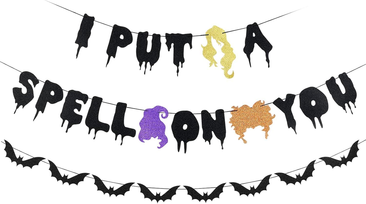 I Put A Spell On You Banner Black Glitter, Hocus Pocus Halloween Party Decorations, Hocus Pocus Birthday Decorations, Halloween Flying Bat Banner Decorations for Halloween Haunted House Home Fireplace Mantel Office Decor