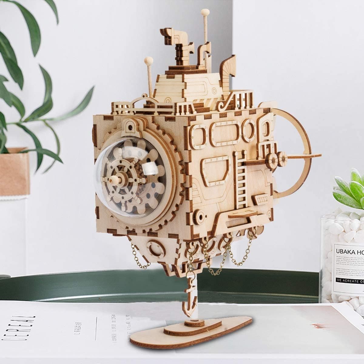 ROKR 3D Wooden Puzzle Music Box Kit Hand Crank Musical Model Building Kit Gifts for Birthday/Anniversary/Christmas(Submarine Music Box)