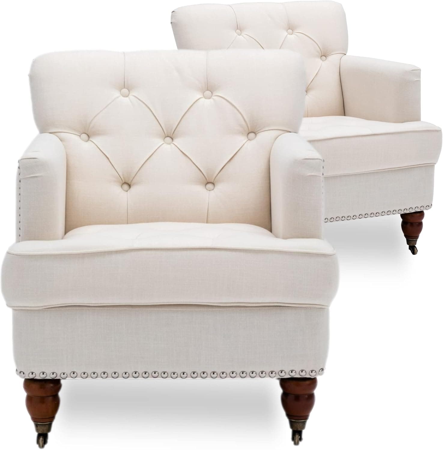 J&K Classic Upholstered Living Room Armchair with Tufted Back and Nailhead(Beige)