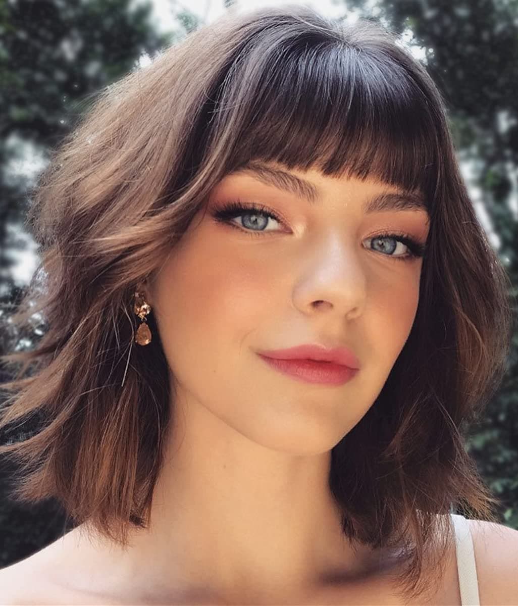 Menoqi Dark Brown Wigs for Women 11" Curly Wavy Bob Hair Wig with Bangs Pastel Cute Synthetic Wigs for Daily Party Cosplay Halloween WIG272BR