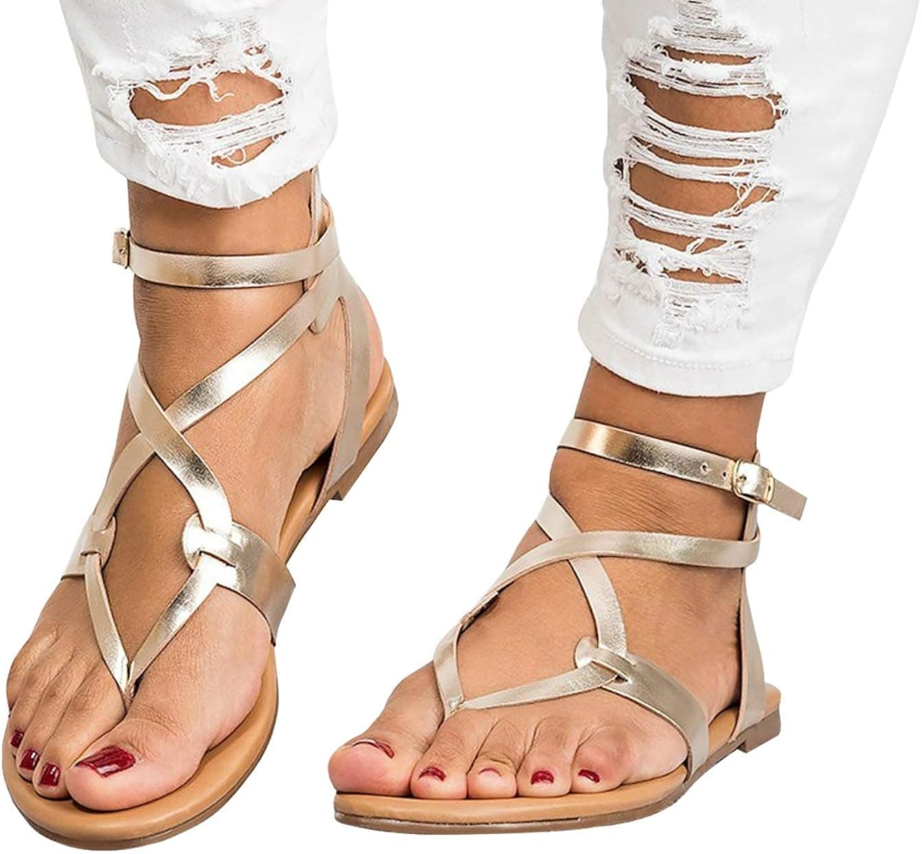Womens Strappy Sandals Gladiator Thong Ankle Strap Summer Beach Flat Sandals