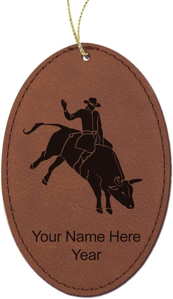 LaserGram Faux Leather Christmas Ornament, Bull Rider Cowboy, Personalized Engraving Included (Dark Brown, Oval)